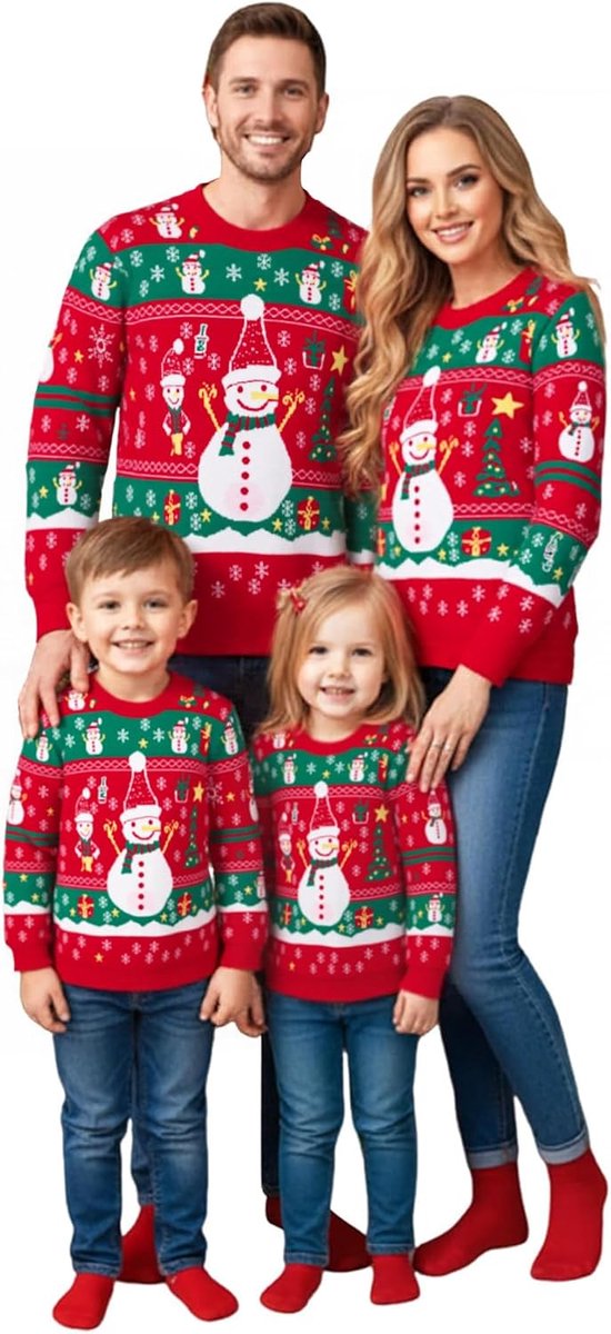 familie set gebreide trui ronde hals grappige kersttrui met dennenboom sneeuwpop patroon