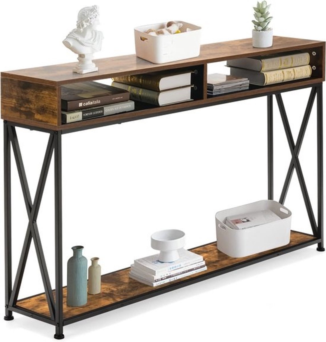 Consoletafel met 2 etages en verstelbare onderzetters - Haltafel van hout en metaal in industrieel design