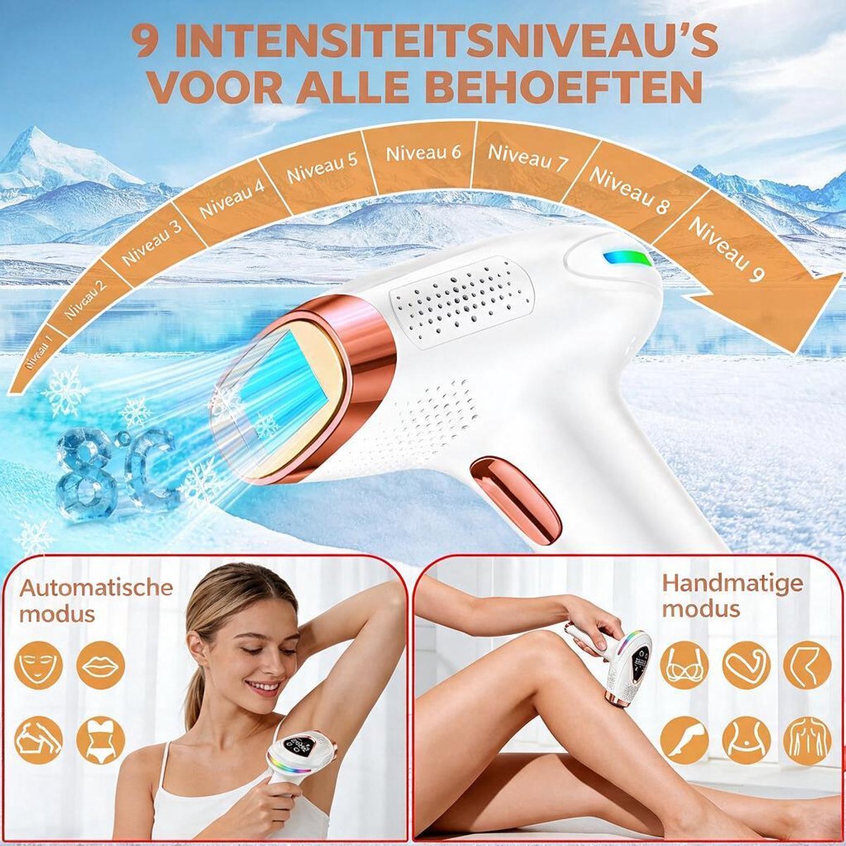 IPL Laser Ontharingsapparaat - Laser Ontharing - Pijnloos Ontharen met Ice Cooling - Permanente Ontharing voor alle Lichaamsdelen - voor Mannen en Vrouwen - 9 Verschillende Standen - Inclusief Beschermbril en Scheermes - Epileerapparaat Dames thumbnail 5