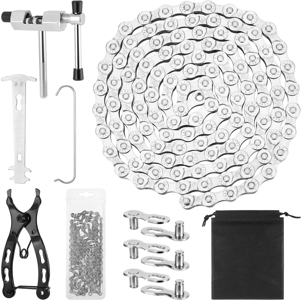 Fietsketting- En Reparatieset – Hoogwaardig Roestvrij Staal Voor 6/7/8 Versnellingen – Roestwerend – Inclusief Kettingpons, Haak, Handschoenen En Draagtas
