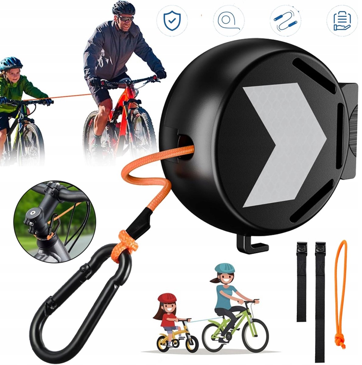 Sleepkabel Met Roestvrijstalen Karabijnhaak – Automatisch Oprolmechanisme En Snelontgrendeling – 120 kg Draagvermogen – Voor Kinderfietsen, Mountainbikes En E-Bikes – Zwart