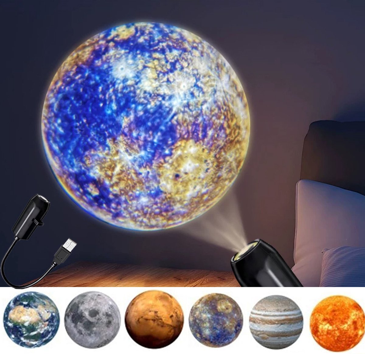 Sterrenprojector - 2-in-1 Projector - Planet Projector - Met 6 Films - Sterren Nachtlamp - Projectorlamp - Nachtlampje - Galaxy Projector - Sterrenhemel Projector - Sterrenlamp - HD - Plug-and-play - USB - Cadeau - Voor Auto en Kinderkamer - Planeet