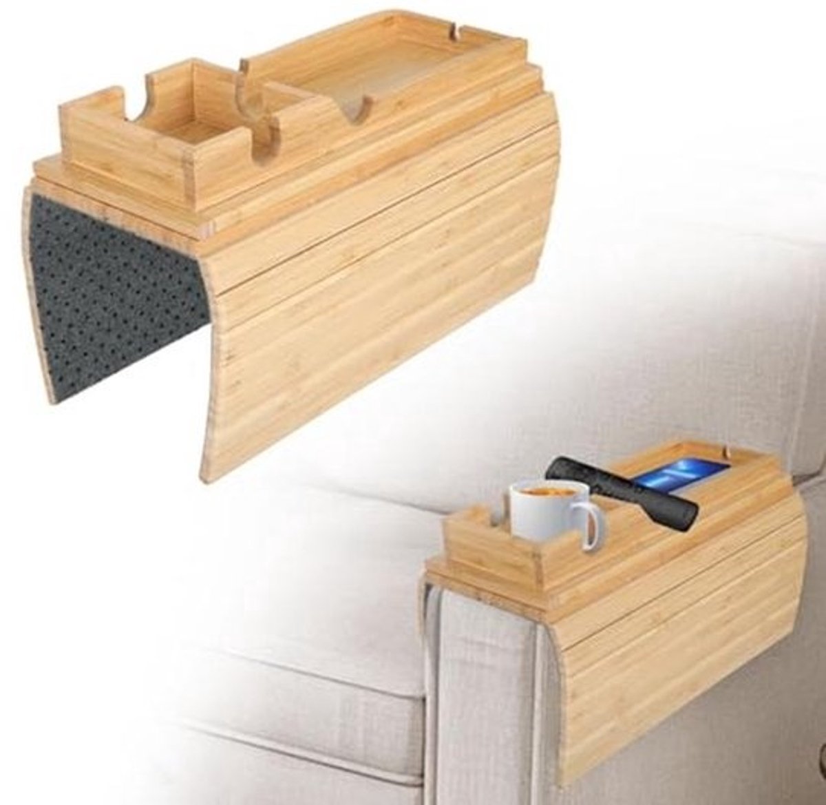 Bankdienblad met Houten Bamboe - Antislip Armleuningtafel voor Banken - Ruimtebesparend met Bekerhouder