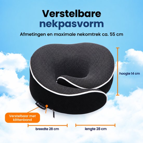 Zwart nekkussen met stippenpatroon. 28 cm breed, 28 cm lang, 14 cm hoog.