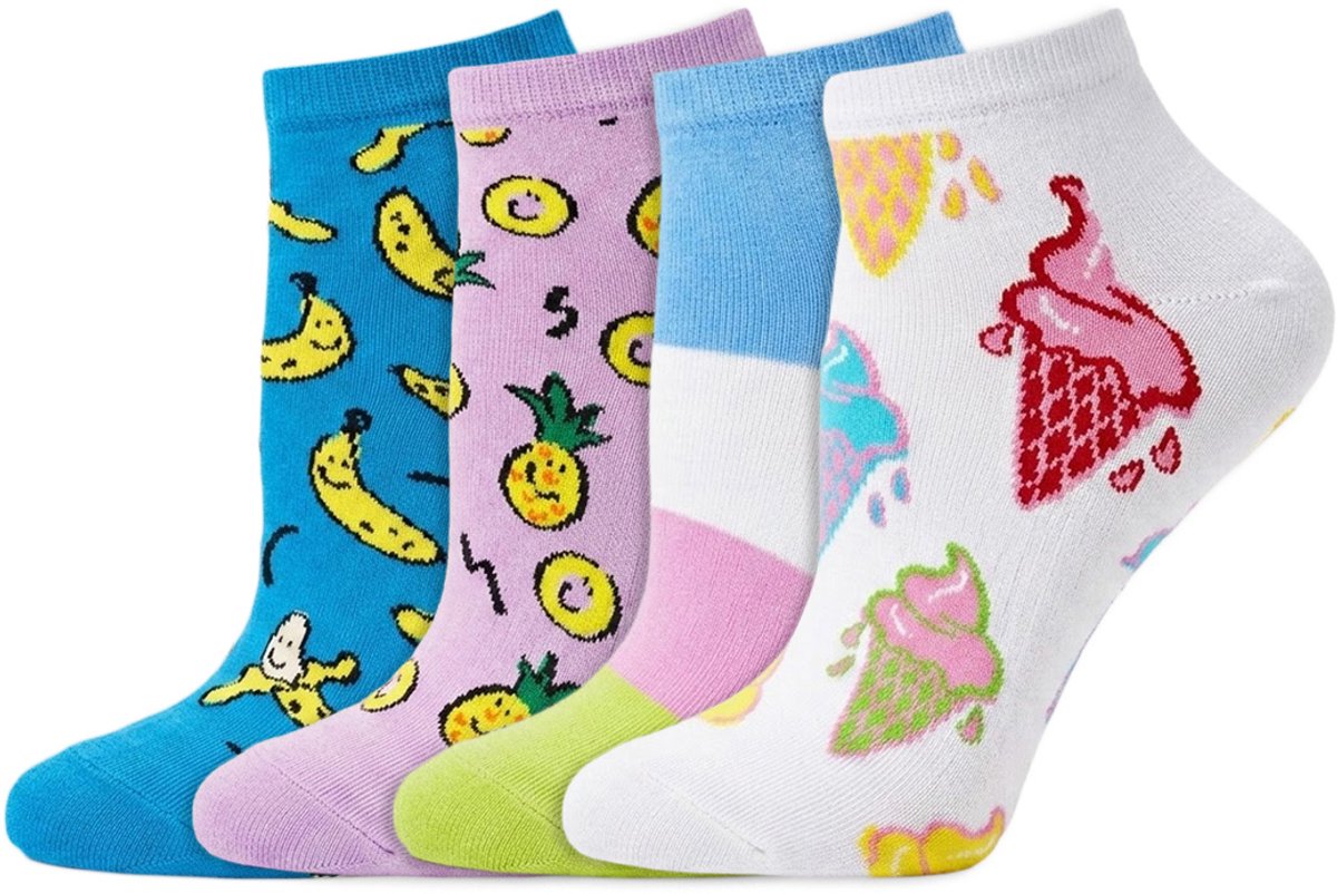 4 Paar – Happy Socks – Sneakersokken - Thema Zomer – Dames & Heren – Katoen – Diverse Kleuren