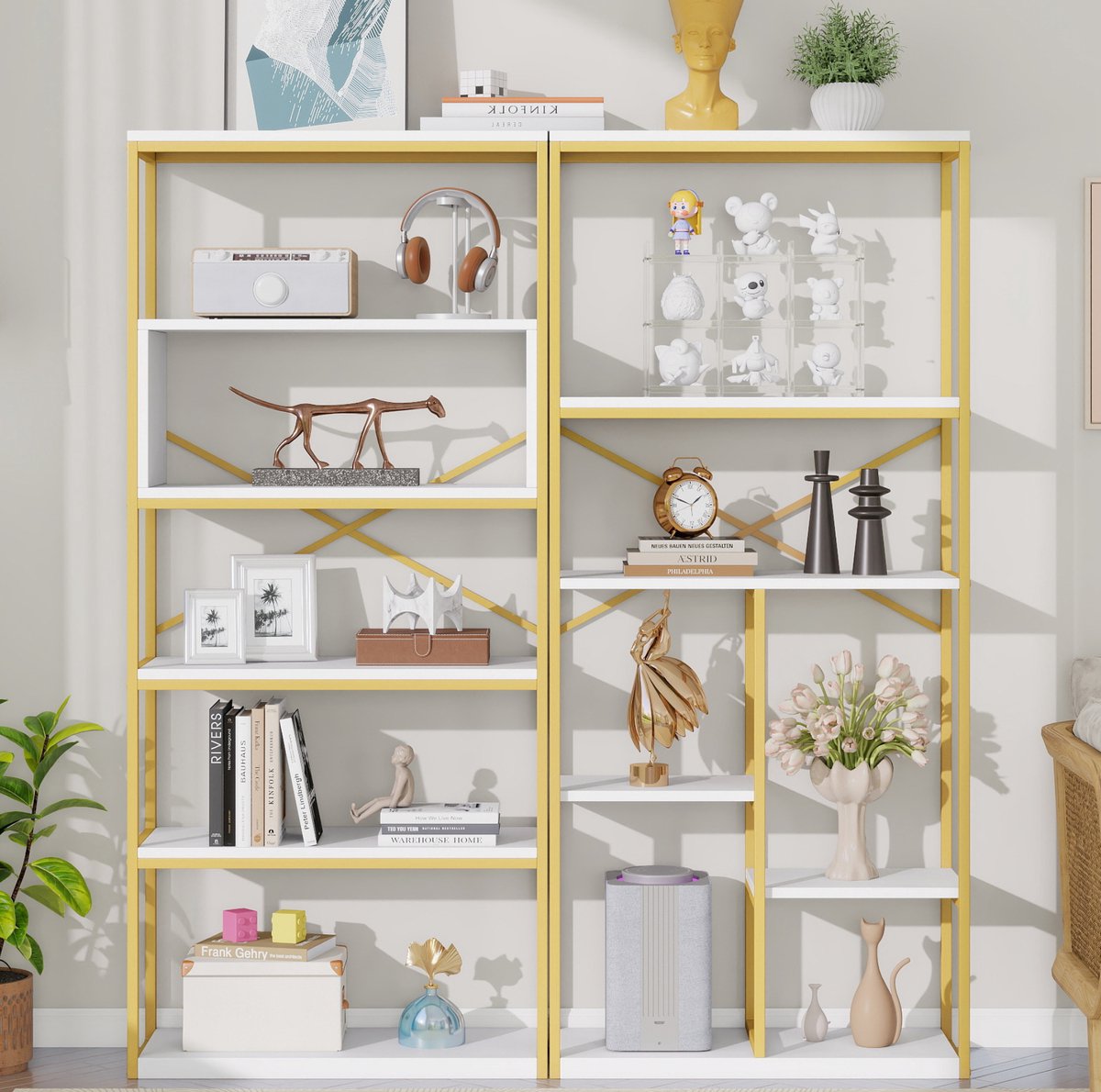 MEUNIQ Boekenkast 160 x 29,5 x 180 cm - open kast met MDF planken, metalen frame en X-versteviging voor woonkamer, slaapkamer of thuiskantoor - Goud/Wit