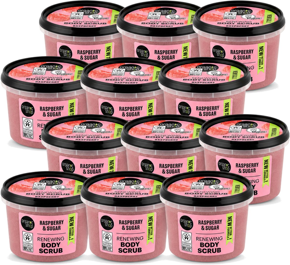 12 x Organic Shop - Organic Raspberry & Sugar Body Scrub - Verfrissend en Peeling - 250 ml - Voordeelverpakking - 12 stuks