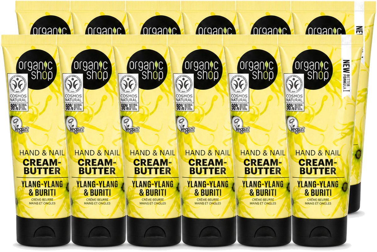 12 x Organic Shop - Ylang-Ylang & Buriti Hand & Nail Cream - Verzachtend en Herstellend - 75 ml - Voordeelverpakking - 12 stuks