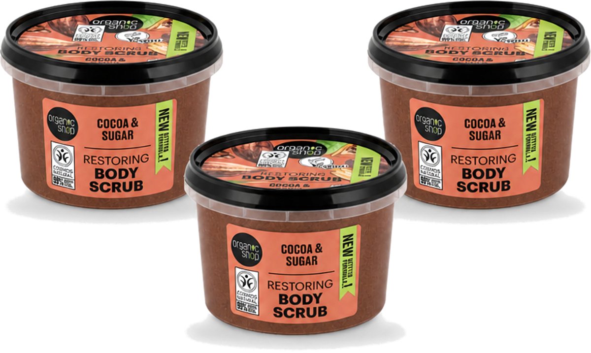 3 x Organic Shop - Body Scrub Cocoa - Rijke Hydratatie - 250 ml - Voordeelverpakking - 3 stuks