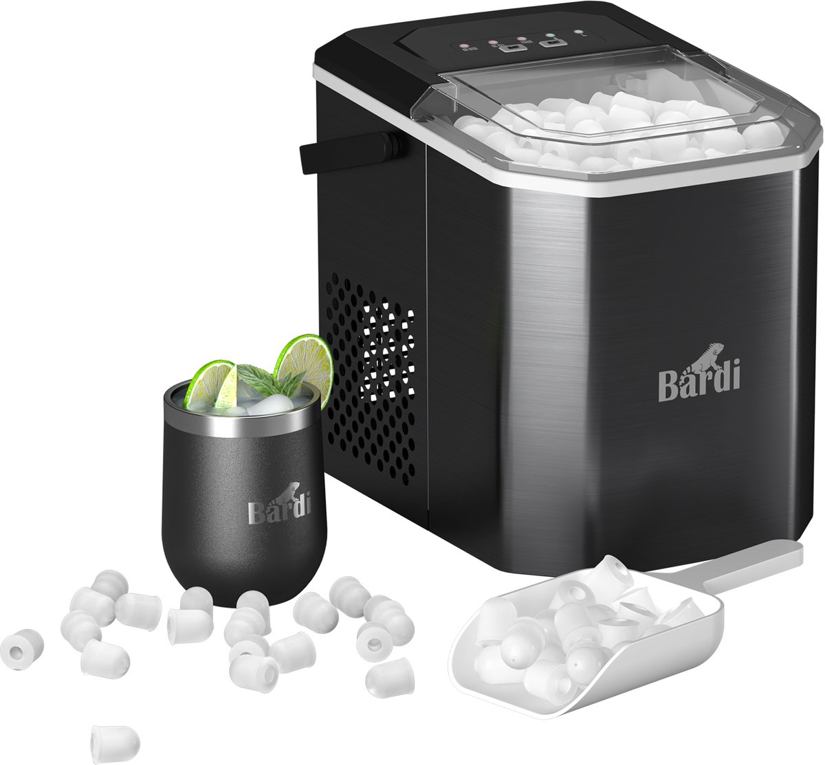 Bardi 1.3L Deluxe IJsblokjesmachine Square – IJsblokmaker Inclusief Luxe Thermosbeker en IJsschep – 9 Blokjes in 8 Minuten – Gunmetal