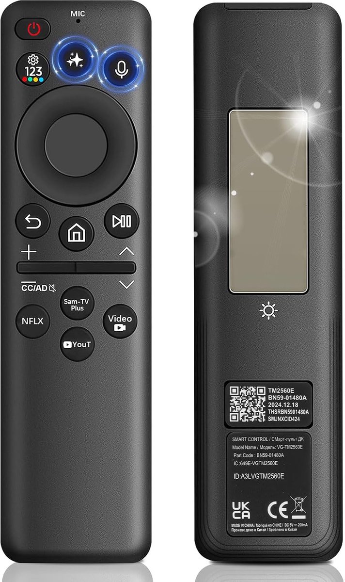 Afstandsbediening op zonne-energie voor Samsung Smart TVs 2019-2025, VG-TM2560EN BN59-01480A, spraak- en KI-bediening, compatibel met Frame TV, QLED, Neo QLED, Crystal UHD en Curved 4K/8K