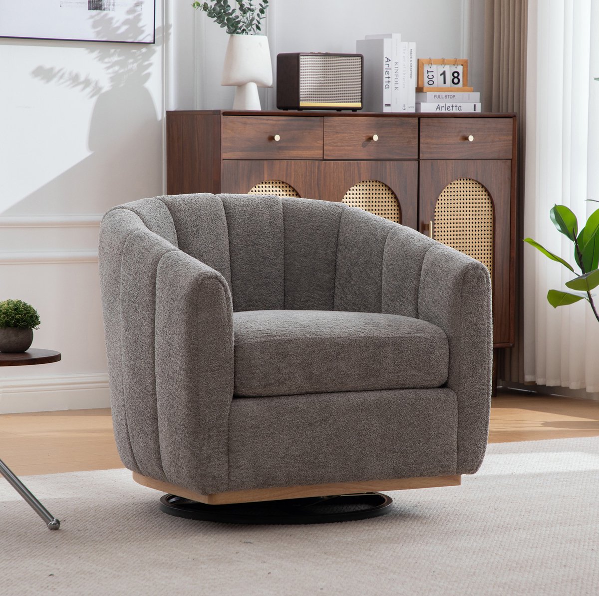 MEUNIQ Draaibare fauteuil van grijze chenille met 360° metalen voet, gewatteerde zitting en armleuningen voor woonkamer of slaapkamer Grijs
