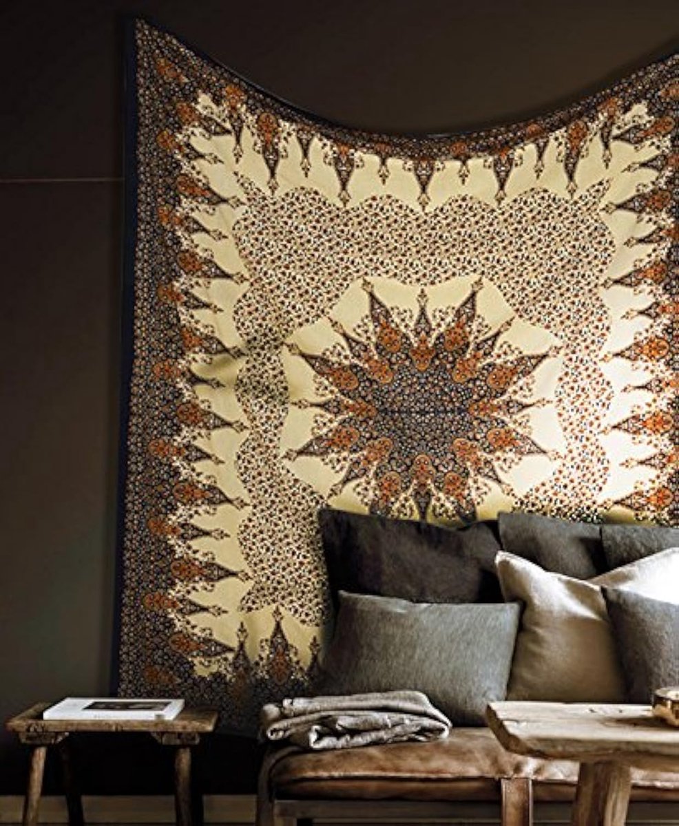 Handicrafts Hippie Mandala ingewikkeld bloemenontwerp Indiaas tapijt 215 cm x 230 cm, bruin en zwart