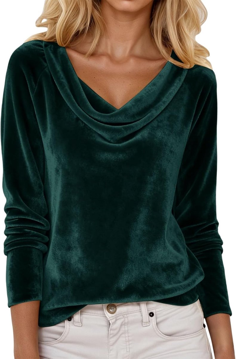 Dames-T-shirt van fluweel, effen, lange mouwen en ronde hals