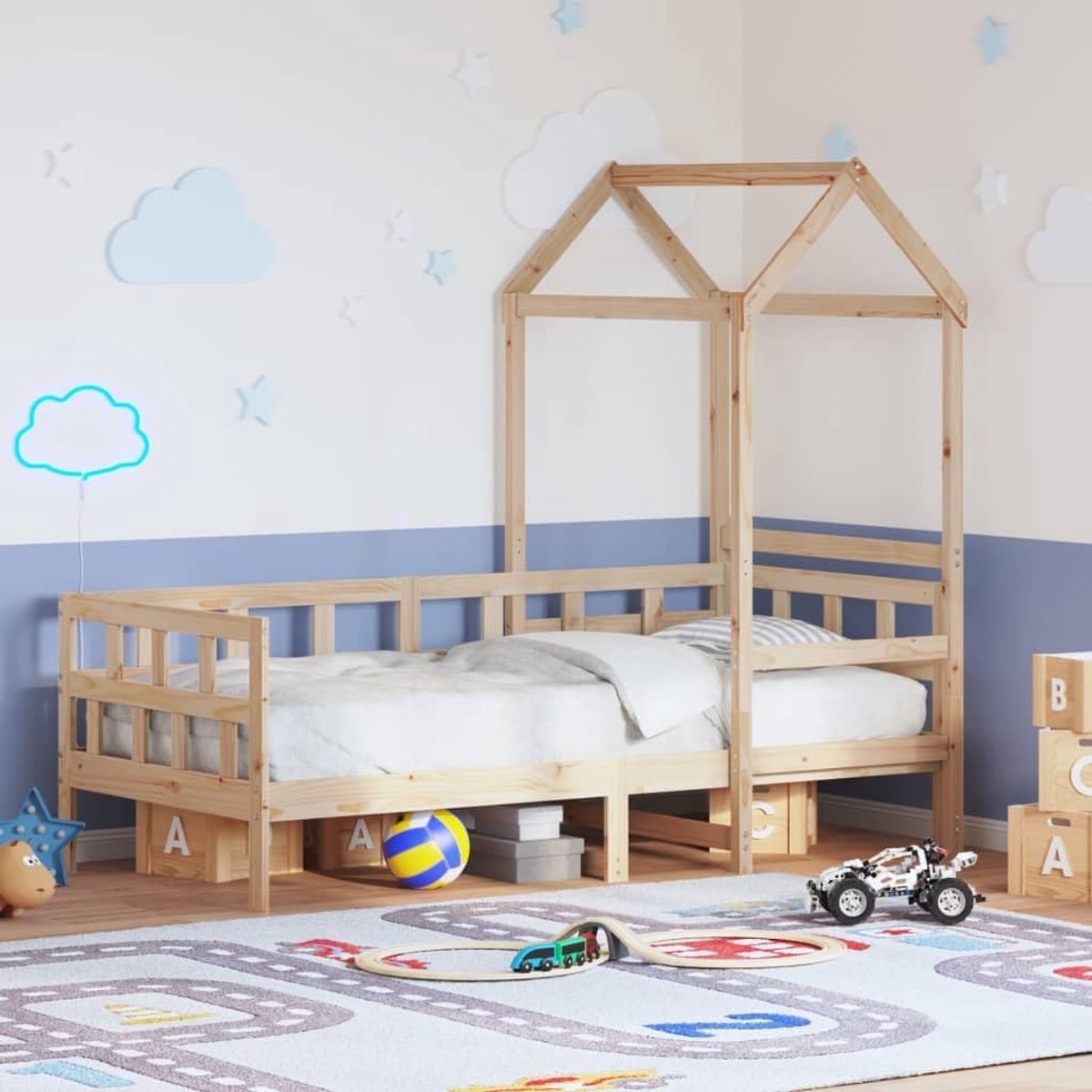 Dagbed met dak 80 x 200 cm massief hout grenen, lattenbodem en bedhekje voor slaapkamer en woonkamer, opbergruimte onder het bed, 3-zijdige veiligheidsrand, rustiek
