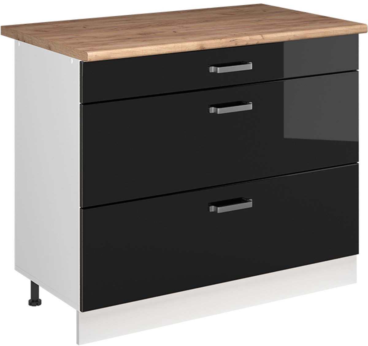 Vicco Keukenonderkast R-Line, Zwart hoogglans/Wit, 100 cm goudkleurig eiken werkblad
