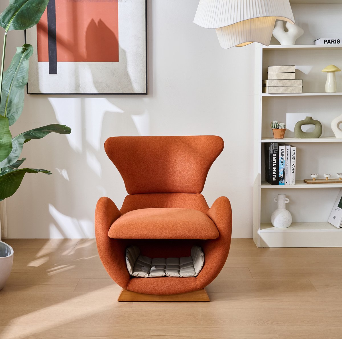 MEUNIQ Fauteuil in baksteenrood met huisdierhol, krabwerende stof en houten onderstel, 66 x 69 x 76 cm, voor woonkamer en katten of kleine honden Brick red