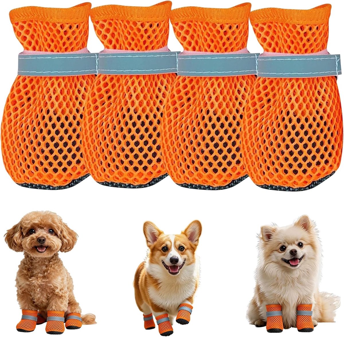 Schoenen, ademende pootbescherming, hondenschoenen, antislip hondenschoenen, verstelbare zomerhondenlaarzen, voor kleine honden, beschermt de hondenpoten (oranje, L)