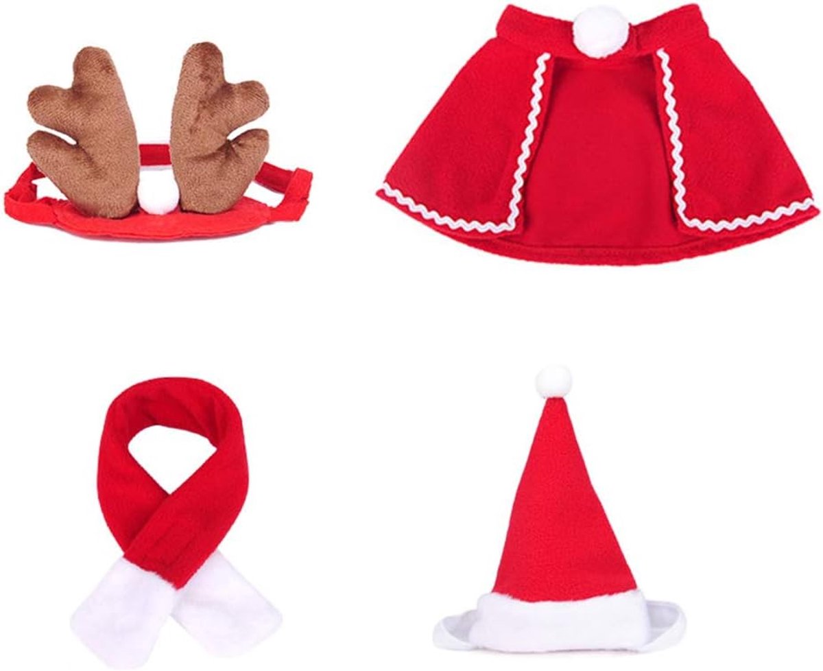 Kerstkostuum voor katten, huisdier, honden, 4-delig, kleding, rendier, hoofdbanden, rode muts, jas, schattige kerstmuts en sjaal, schattig, grappig kostuum voor huisdieren, kleine katten en honden, Kerstmis, Halloween, cosplay, feest, plezier