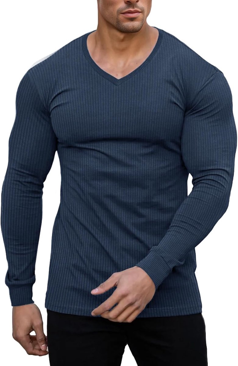 Cmdr Slim Fit V-hals Lange Mouw Spier-Thermo-T-Shirt Casual Geribbelde Trui Lichte Trui Onderhemden