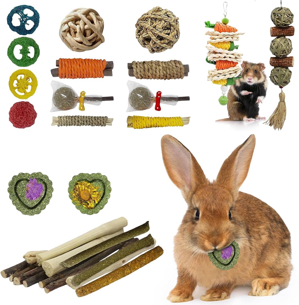 Speelgoed voor konijnen, natuurlijk houten en hooi kauwspeelgoed voor konijnen en cavia's, tandheelkundige verzorging knaagspeelgoed voor kooigebruik, speelgoed voor kleine dieren