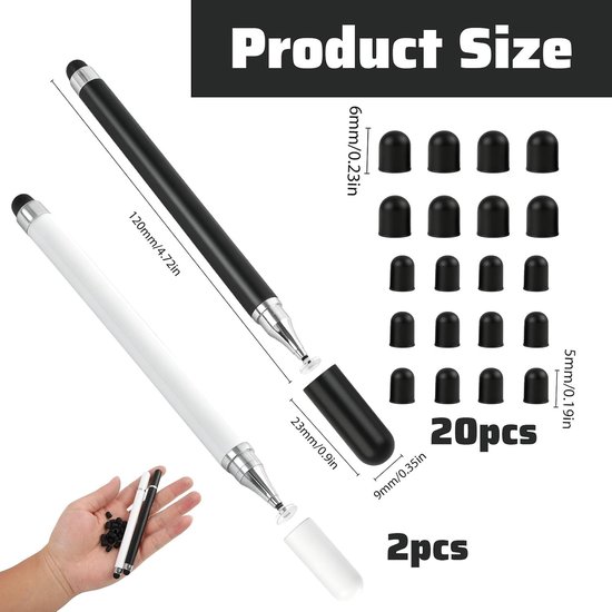 2-in-1 capacitieve touchscreen-stylus met 20 vervangende rubberen punten, nauwkeurige stylus voor iPad, iPhone, iPad Pro, Galaxy, tablet en smartphone, zwart — afbeelding 2