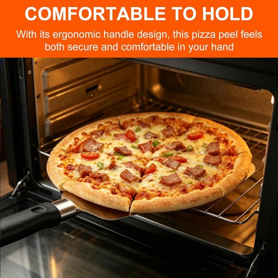 2 stuks, roestvrij staal met snijfunctie, pizzaschep 29 x 9 cm, ergonomische handgreep met gripvast oppervlak, voor zelfgemaakte pizza, brood, cake — afbeelding 5