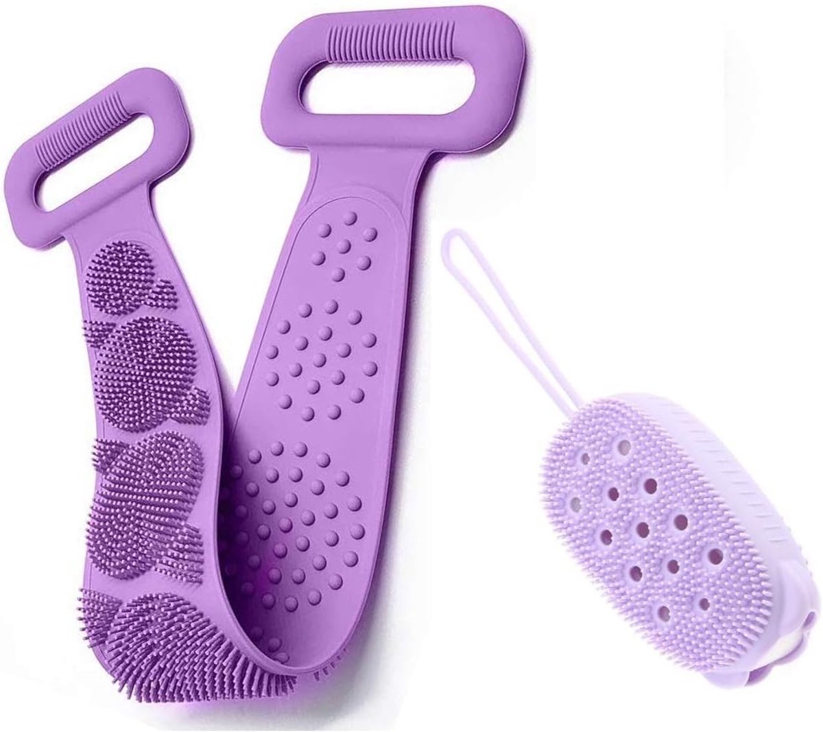 bad body borstel, exfoliërende lange siliconen body back scrubber, gemakkelijk schoon te maken, leer goed, milieuvriendelijk, lang, dubbelzijdige schrobborm (88 cm, paars)