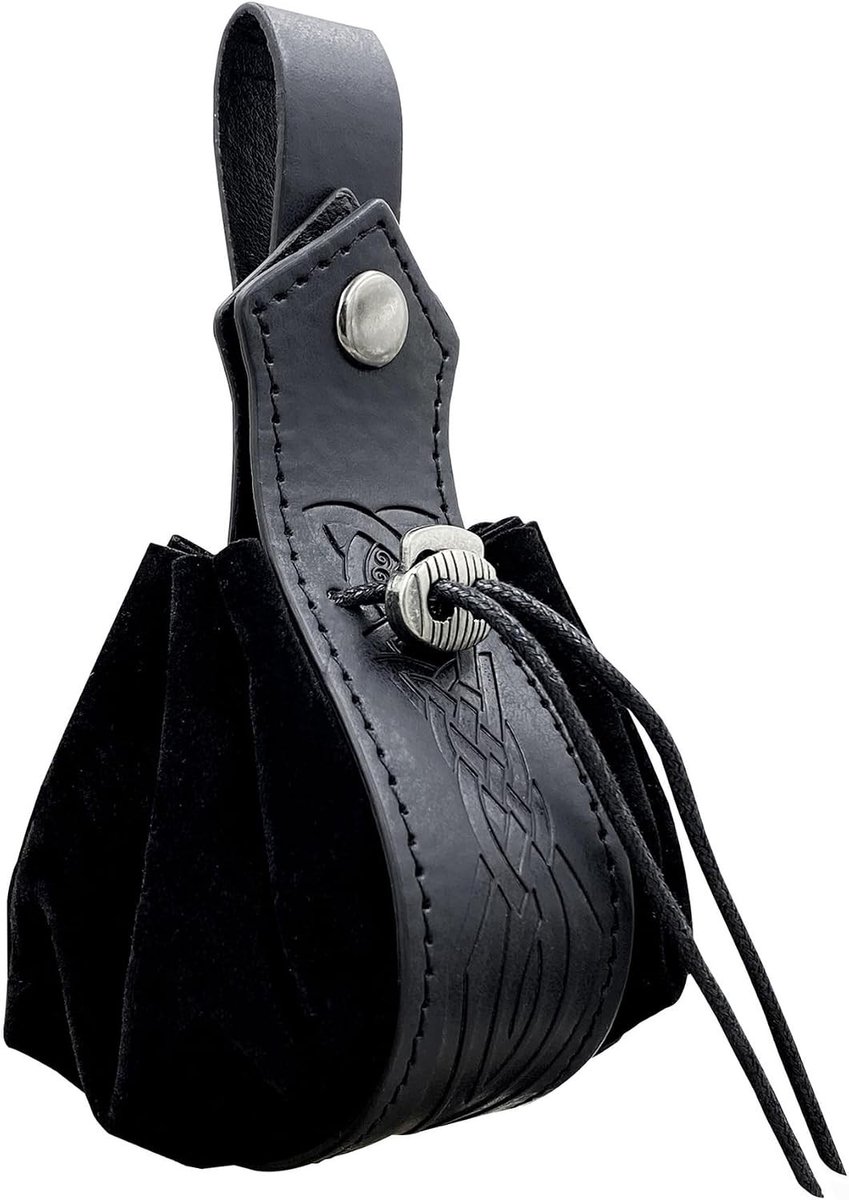 Retro Nordic Faux Leather Trekkoord Tas voor Vikings, Halloween LARP en Ren Faire, Zwart, Vintage, Ideaal voor Munten en Accessoires