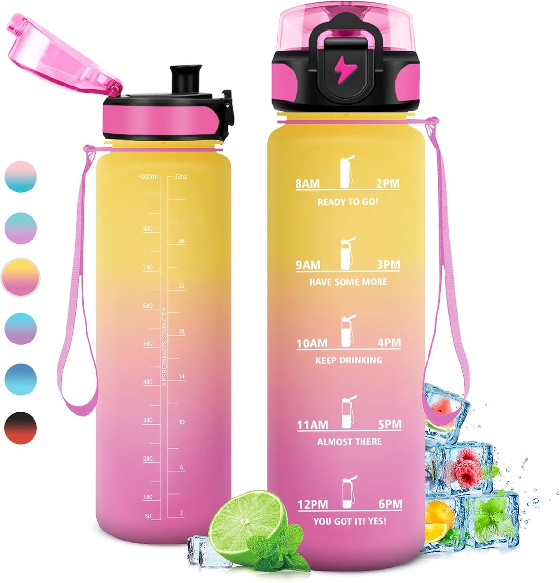 Motiverende drinkfles, 1 l, sportfles, lekvrij, drinkfles voor sportschool met tijdweergave, 1 klik open, BPA-vrije waterfles, sportschool, hardlopen, yoga, kantoor, gym