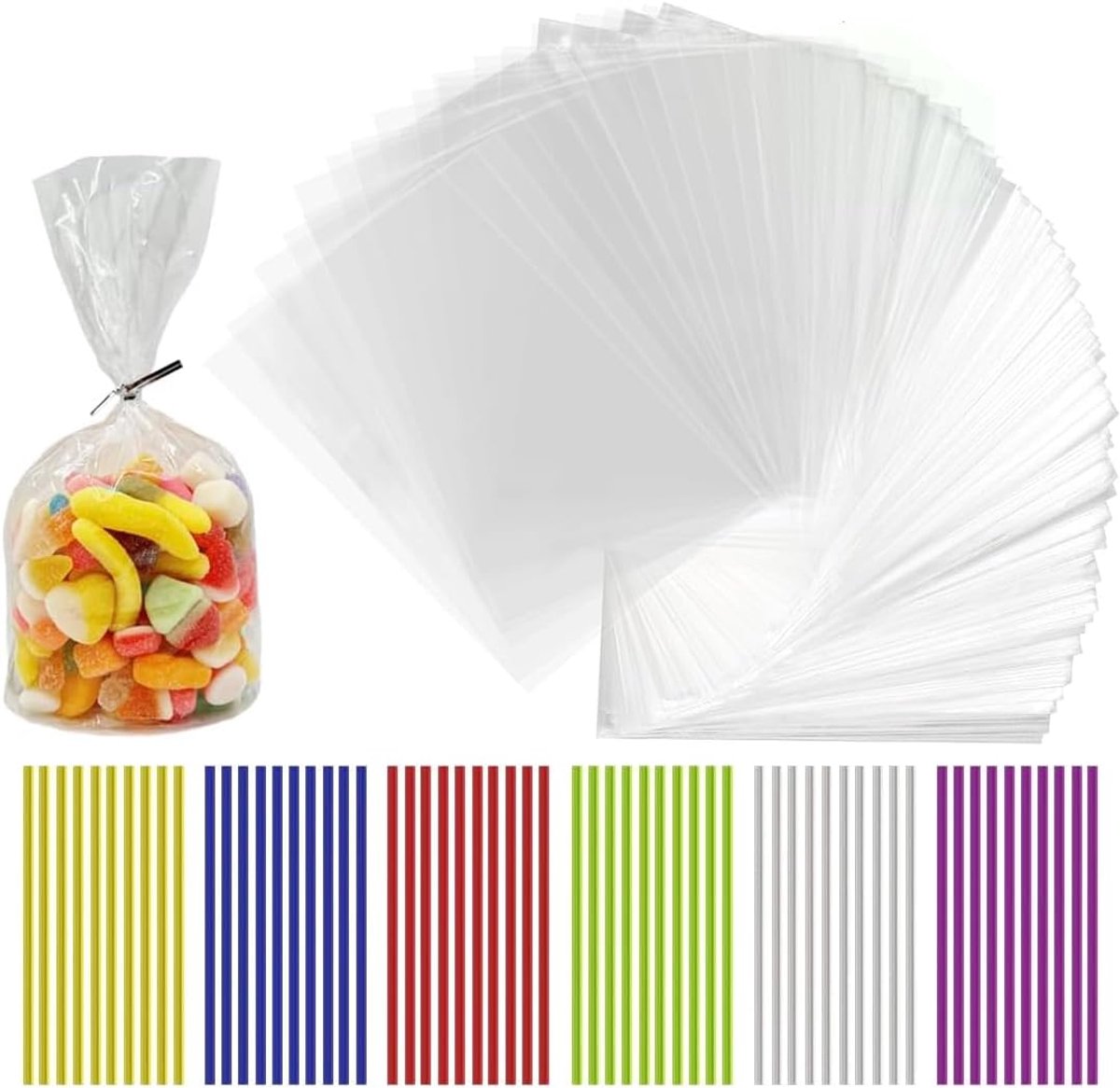 100-delige cellofaan zakken met bodem, duidelijke geschenkzakken voor het vullen van 25x15cm, inclusief 100 kleurrijke dassen, geschikt voor snoep, chocolade en brood