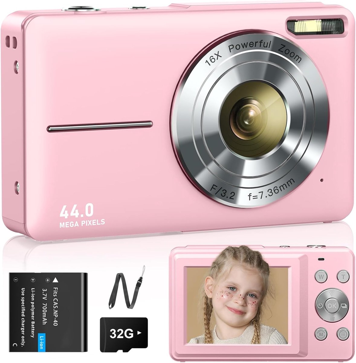 Camera, fotocamera, 1080p, 44 MP, met 32G-kaart en 1 batterij, 16x digitale zoom, digitale camera voor kinderen, jongeren, studenten, beginners, roze