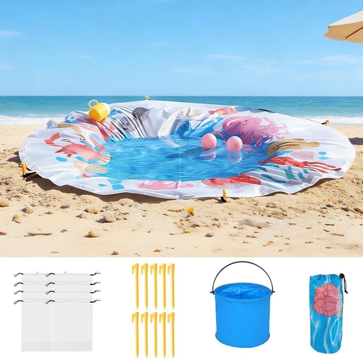 Draagbaar strandzwembad voor kinderen, waterdichte strandzwembadmat met draagtas, 2-in-1 stranddeken met opvouwbare emmer en bevestigingsspijkers, kinderbadje voor kinderen