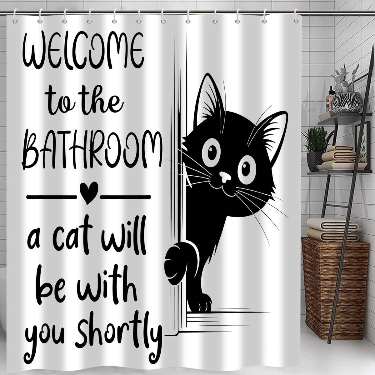 Douchegordijn, grappig kat, 180 x 200 cm, zwart-wit, schattige huisdieren, interessant badgordijn, waterdicht, polyester, wasbaar, badgordijn voor badkamer, met haken