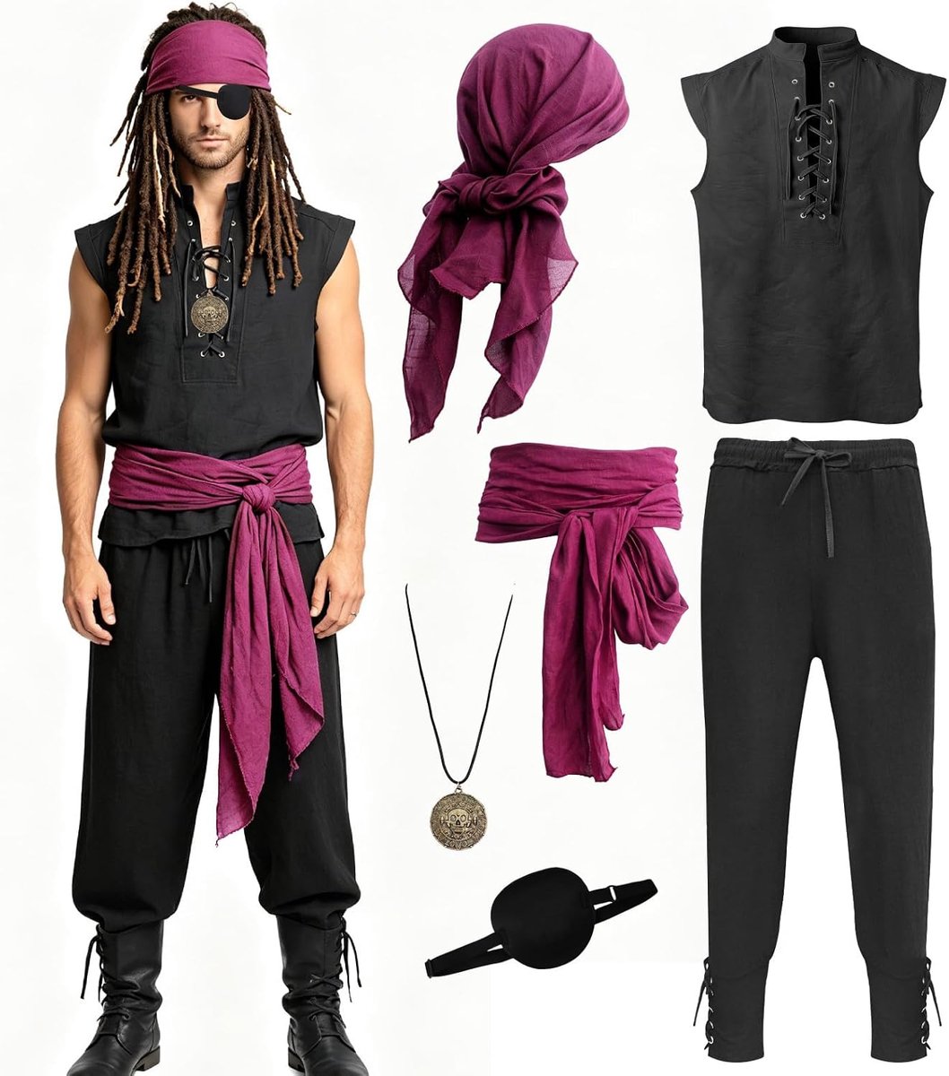 Piratenkostuum voor heren, set met overhemd, broek en accessoires, middeleeuws kostuum