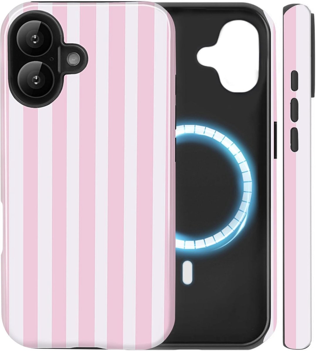 For iPhone 16 Plus, Compatible with MagSafe, Striped, Pink