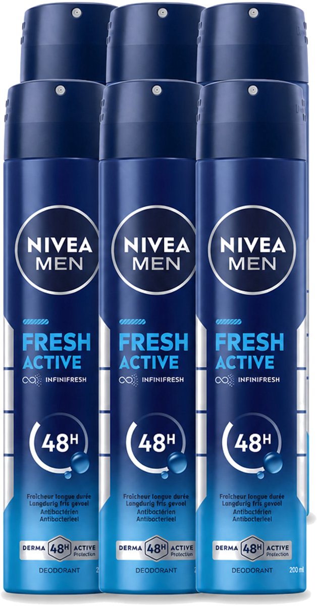 6 x Nivea - Deo Spray XL - Fresh Active - 48 Uur Lang Werkend - 200 ml - Voordeelverpakking - 6 stuks