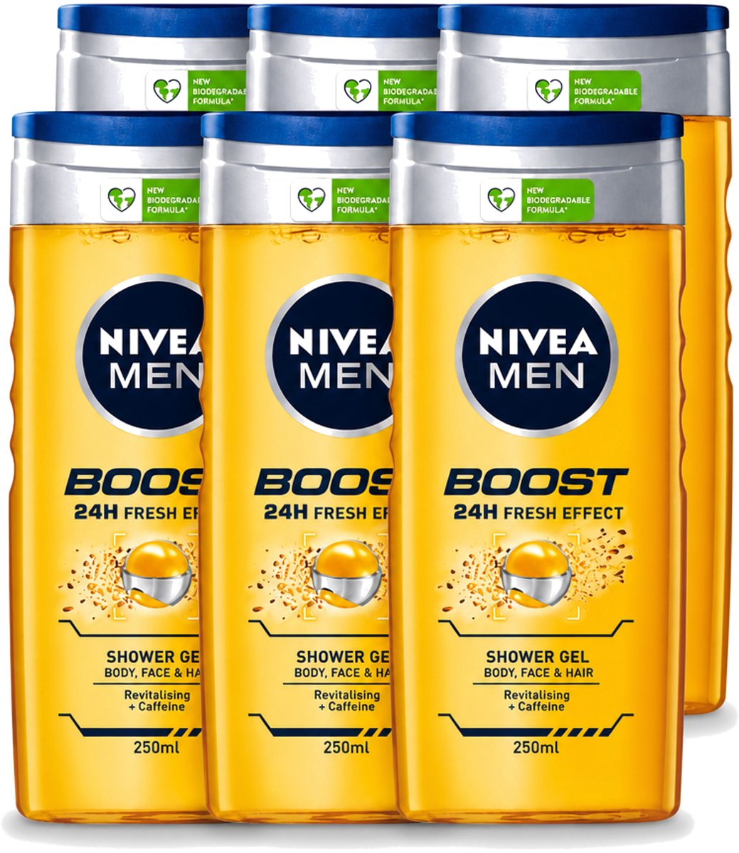 6 x Nivea - Men - Boost Douchegel - 24 Uur Lang Effect - 250 ml - Voordeelverpakking - 6 stuks