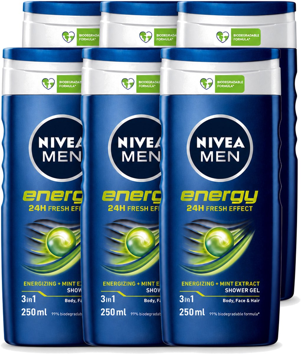 6 x Nivea - Men - Energy Douchegel - Langdurig Fris Gevoel - 250 ml - Voordeelverpakking - 6 stuks