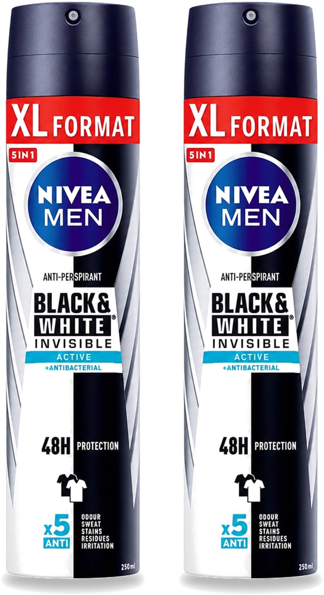 2 x Nivea - Deospray - Men - Invisible Black & White Active - 250 ml - Bulkverpakking - 2 stuks