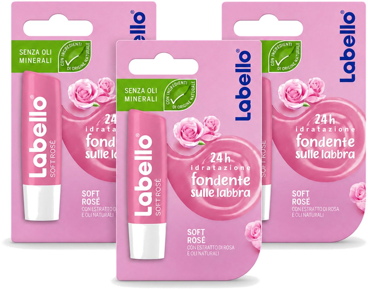 3 x Labello – Lippenbalsem – Soft Rosé - Voordeelverpakking - 3 stuks