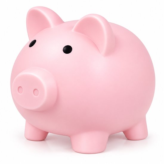 Tirelire rose en forme de cochon, avec des yeux noirs et une fente pour les pièces sur le dos.