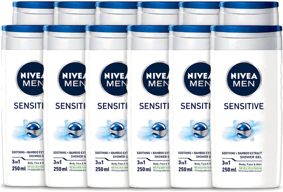 12 x Nivea - Men - Sensitive Douchegel - Hydraterend - 250 ml - Voordeelverpakking - 12 stuks