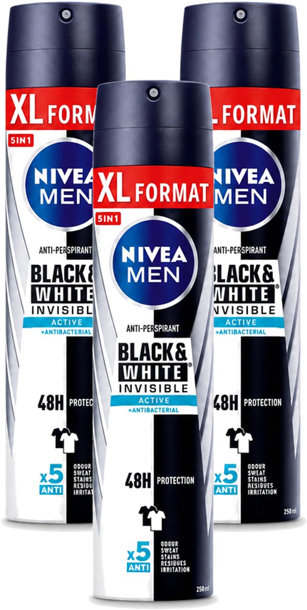 3 x Nivea - Deospray - Men - Invisible Black & White Active - 250 ml - Bulkverpakking - 3 stuks