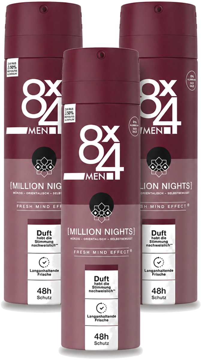3 x 8 x 4 Deospray Men - No.18 Millions Nights - Deodorant - Voor Heren - 150 ml - Bulkverpakking - 3 stuks