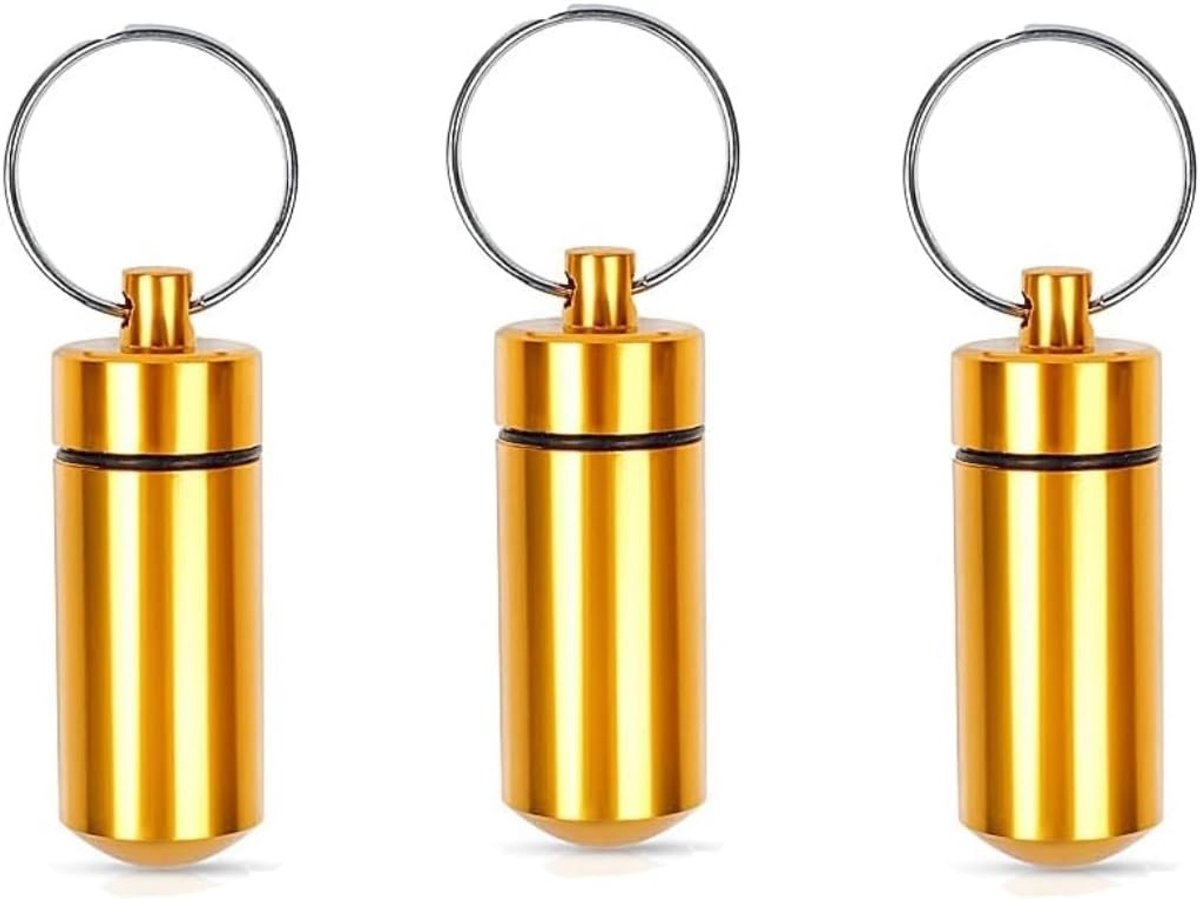 Mini pillenhouder sleutelhanger, 3 stuks aluminium medicijnfles voor onderweg, ideaal voor reizen, kamperen en outdoor activiteiten (goud)