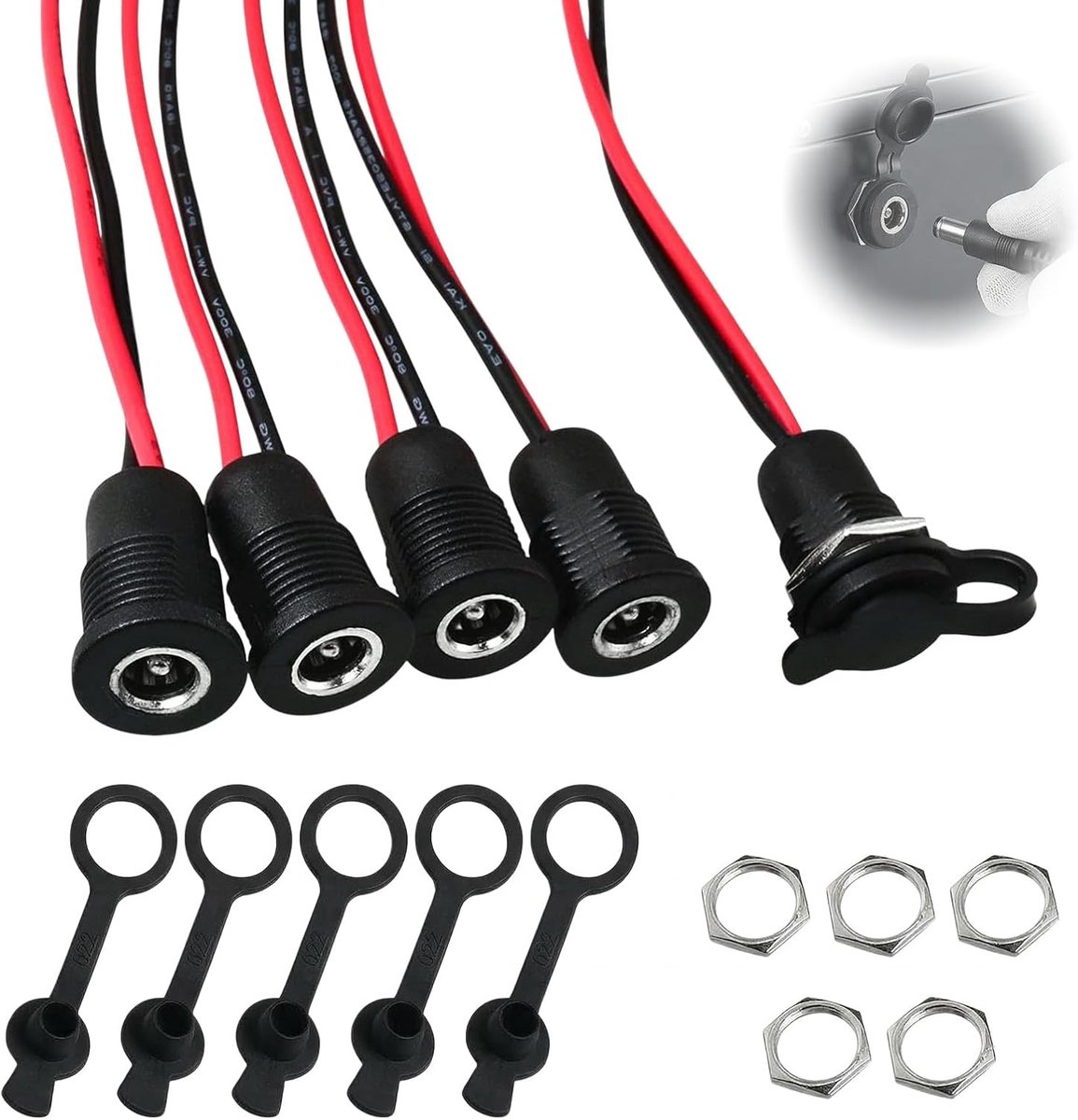 5 stuks DC connector 12 V 5,5 x 2,1 set, connector 12 V voeding voor solderen, stekker DC 10 A, paneel mount connector met lijn