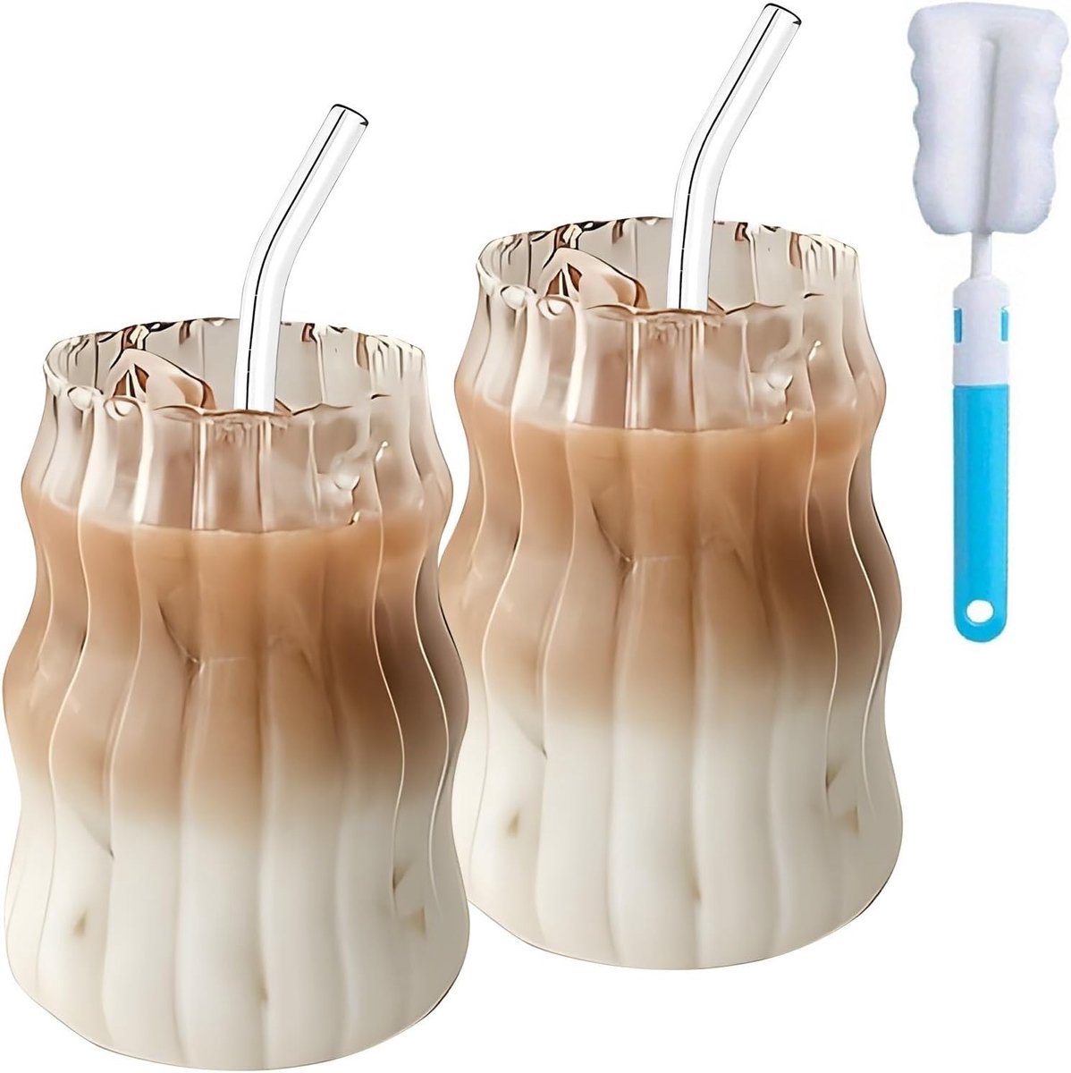 2 stuks 530 ml glazen mokken met rietjes - doorzichtige ijskoffie beker matcha geribbelde golvende glazen bekers matcha glazen met rietjes borstel en kopborstel voor ijs koffie sap drinken melk thee