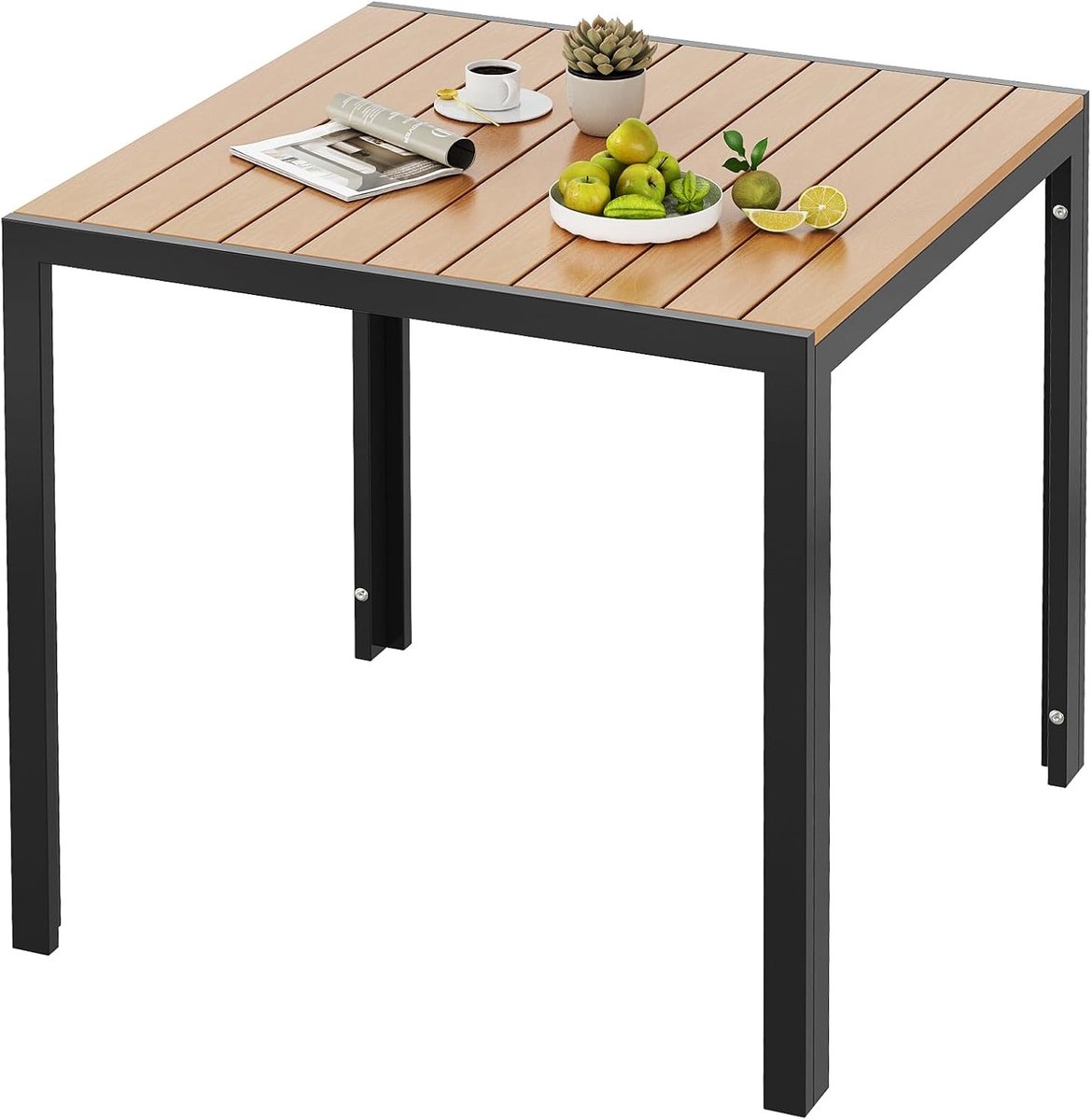 Tuintafel, weerbestendig, 75 x 75 cm, balkontafel van aluminium met WPC-plaat, eettafel voor balkon en terras, licht, stabiele vierkante terrastafel, zwart+