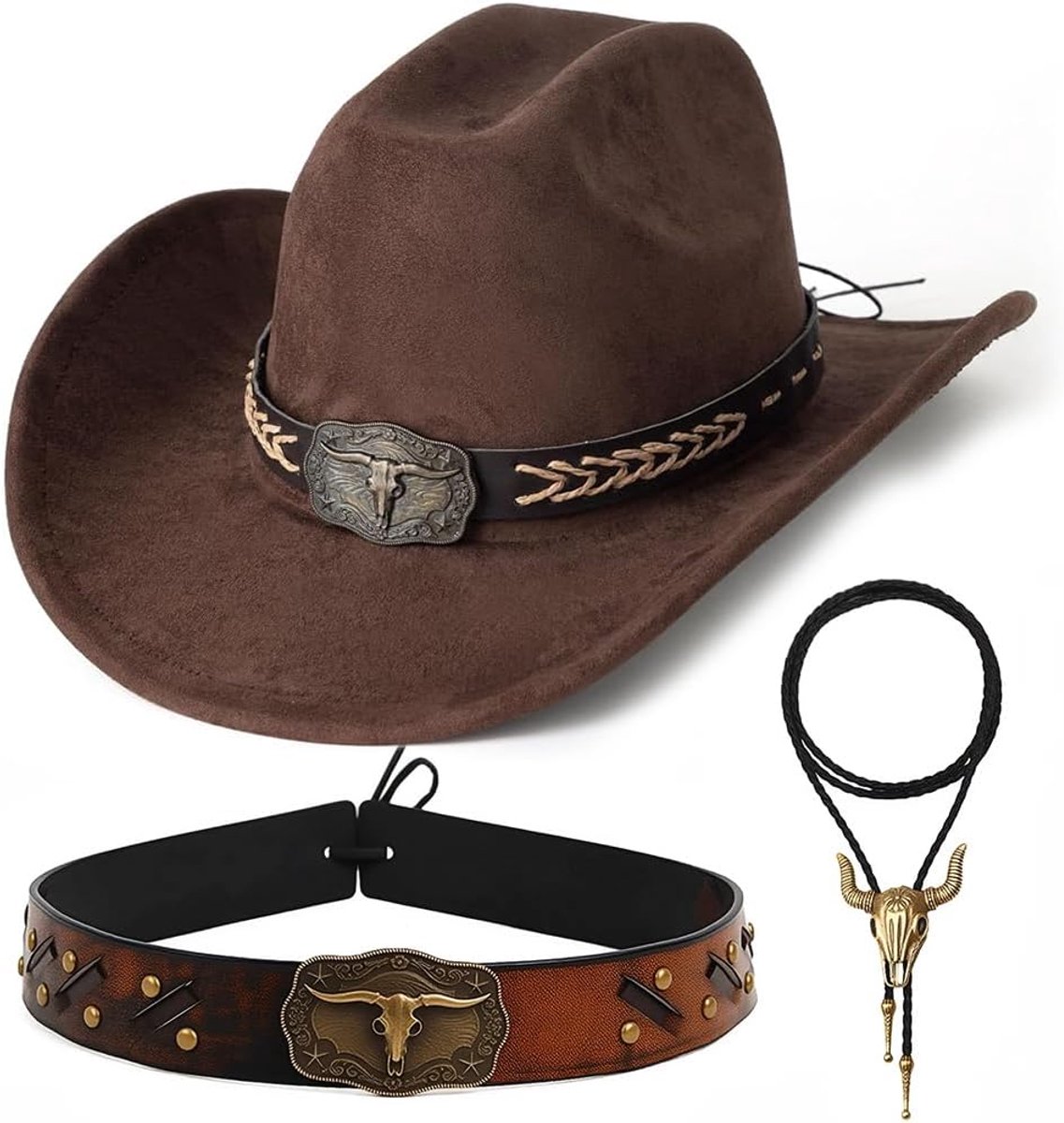 Cowboyhoed in Amerikaanse westernstijl met bronzen afwerking en lederen details, perfect voor omrandingen, themafeesten, Halloween en speciale feesten